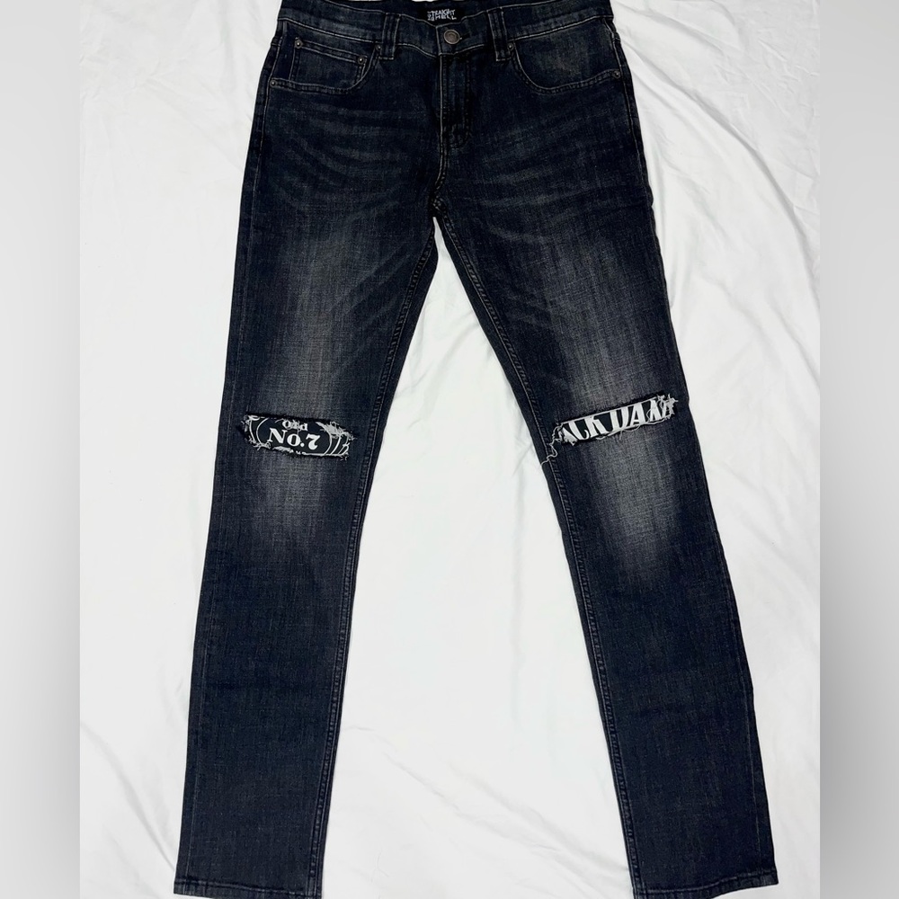 Straight To Hell Men’s Black Skinny Jeans Custom Jack Daniel’s Knee Patch
